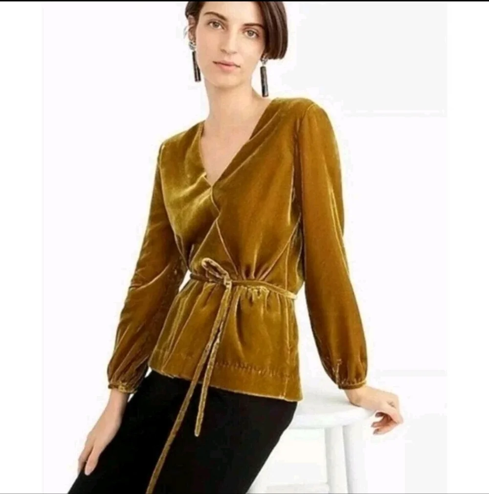 J Crew Velvet Wrap Peplum Top Mustard Yellow Long Sleeve women's 4 tall *no belt